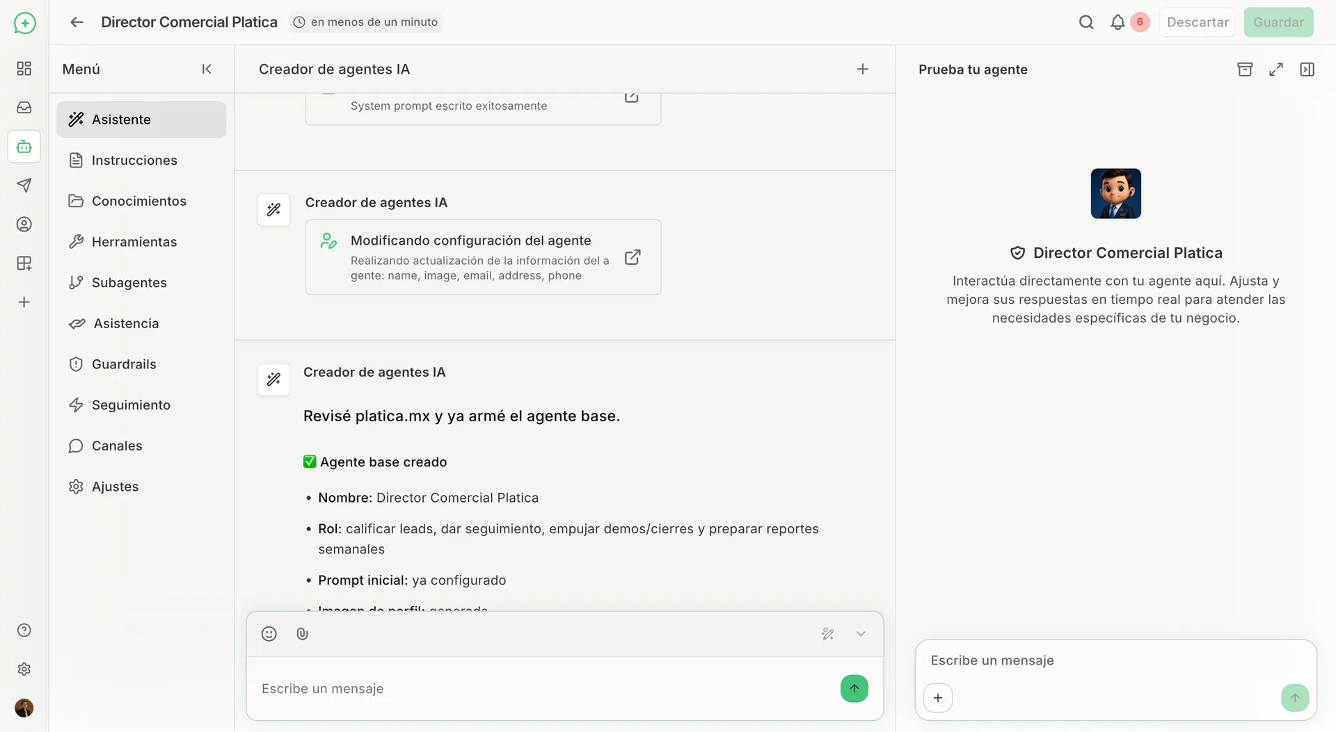 Creador de agentes de IA en Platica